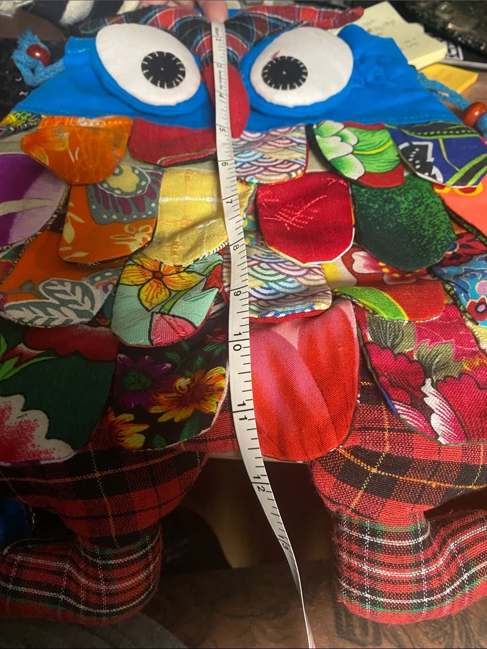 Bright Blue Kids Owl Drawstring Backpack with Multicolor Patchwork Feathers
